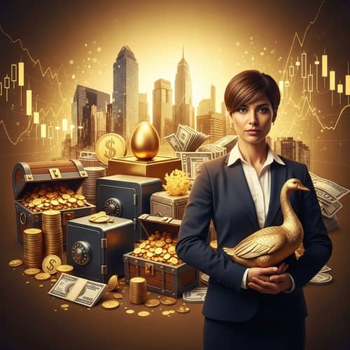 Modern Financial Success Art: Wealthy Hispanic Woman with Golden Goose