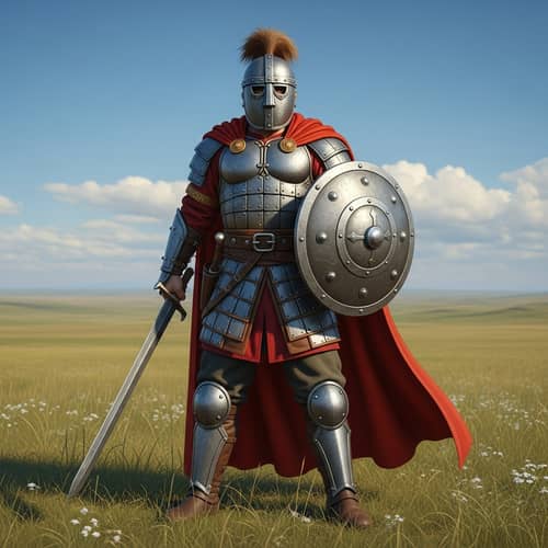 Heroic Iron Masked Battler in Steppe Landscape
