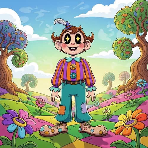 Whimsical Cartoon Character in Vibrant Landscape