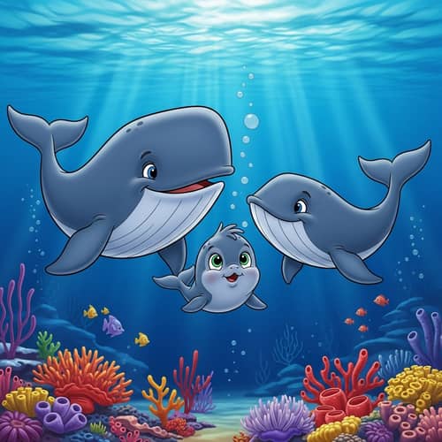 Cartoon-Style Whale Family Swimming in Deep Blue Ocean