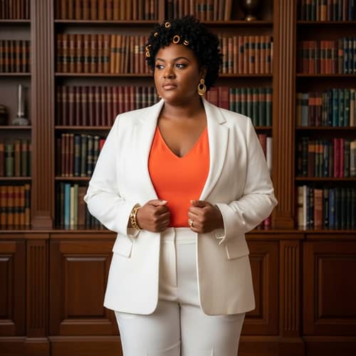 Empowered Black Woman in Elegant Home Library with Plus-Size Figure