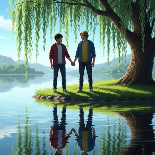 Tranquil Lake Scene with Friends Holding Hands | Realism Art