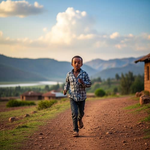 Ethiopian Boy Running in Picturesque Landscape | Youthful Exuberance
