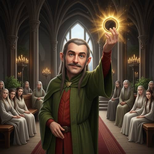 Quirky Elf in Rivendell Holding Golden Ring - Humorous Character