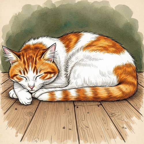 Vintage Drawing of Orange and White Cat Sleeping