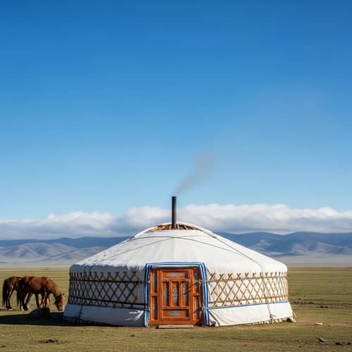 Traditional Mongolian Yurt on Peaceful Steppe