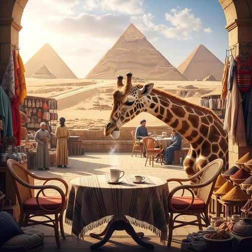 Giraffe Sipping Coffee at Giza Pyramids | Cozy Cafe Scene