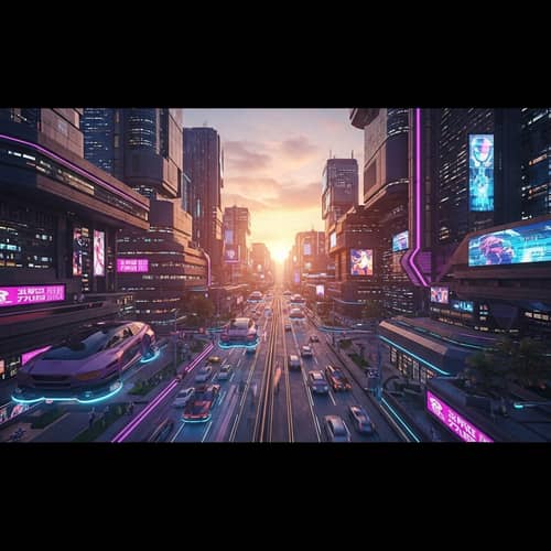 Futuristic Cityscape at Sunset: Neon Lights & Hover Cars