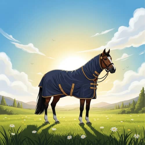 Proud Horse Wearing Coat in Sunlit Meadow