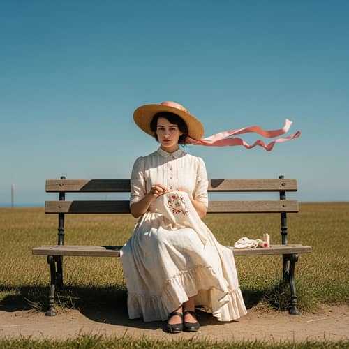 Captivating Woman on Bench with Straw Hat and Embroidery