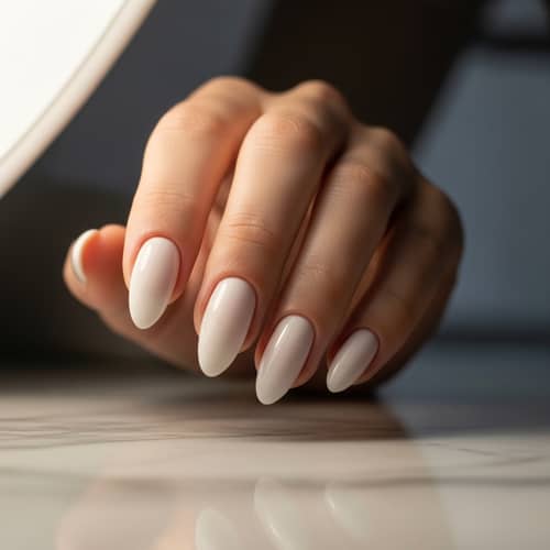 Elegant Natural White Nail Manicure | Serene Atmosphere