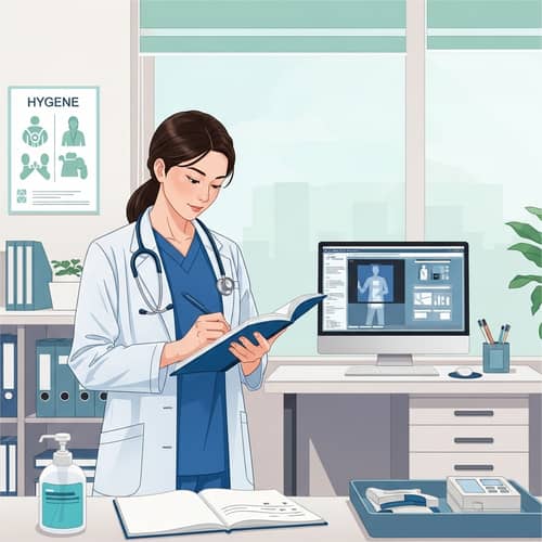 East Asian Female Doctor Writing Medical Notes in Clinic