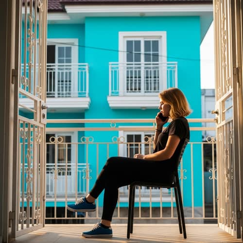 Turquoise Two-Story House Terrace with Iron Gates