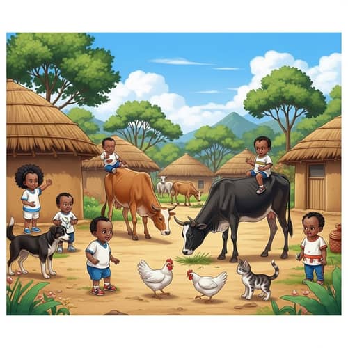 Ethiopian Village: Babies Interacting with Farm Animals