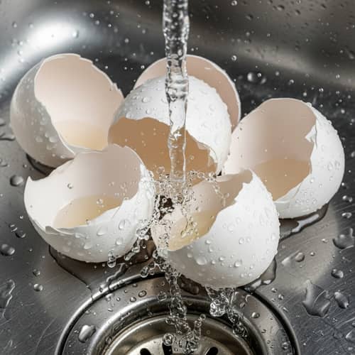 Fragmented White Eggshells Under Kitchen Faucet