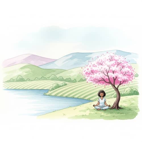 Serene Countryside with Watercolor Hills and Meditative Pose