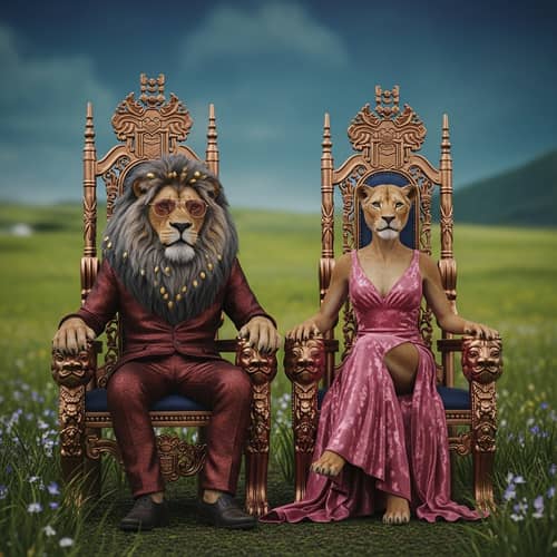 Majestic Male and Female Lions in Cyberpunk-inspired Setting