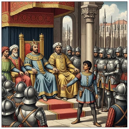 Medieval King and Soldiers Scene with Defiant Young Man