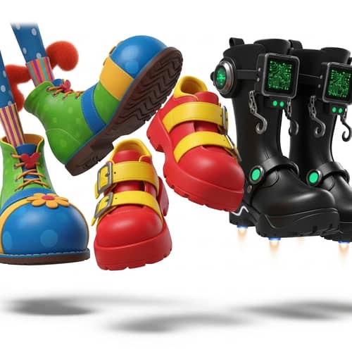Cartoon Character Shoes: Red, Black Boots & Clown Shoes