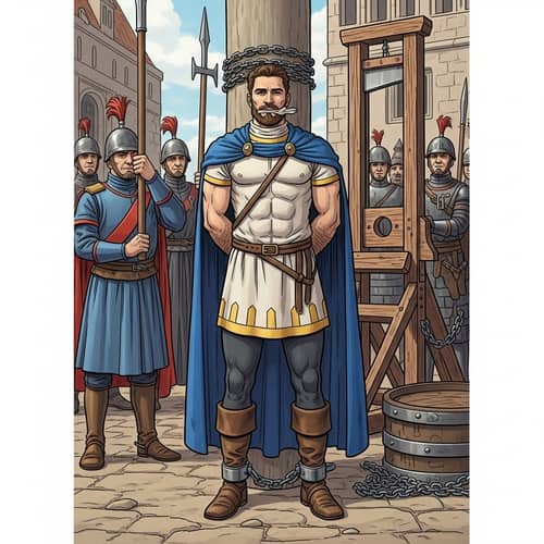 Valiant Prince with Brown Beard and Muscular Physique Facing Execution by Guillotine