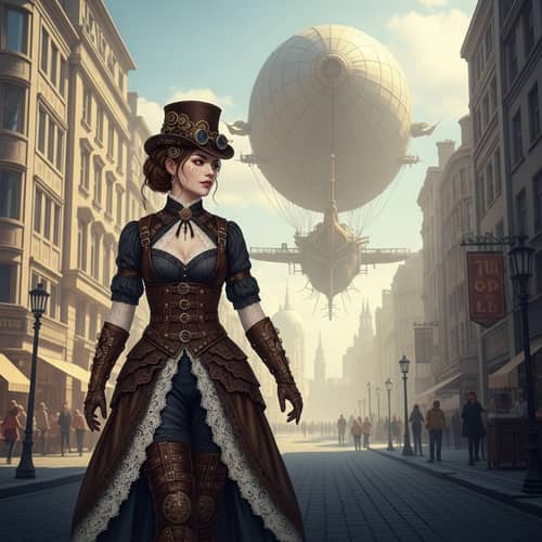 Steampunk Aficionado in Bustling City Street with Intricate Airship