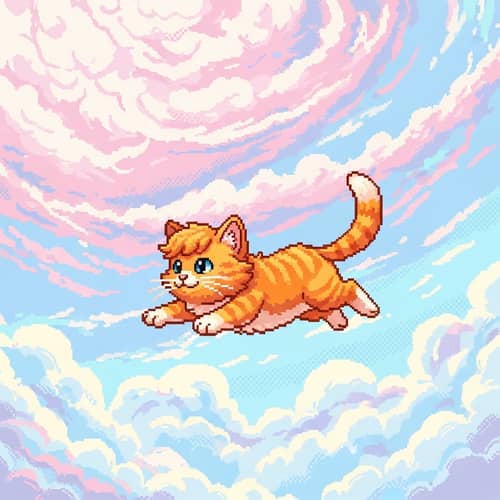 Orange Cat Flying in Cotton Candy Sky | Pixel Art Illustration