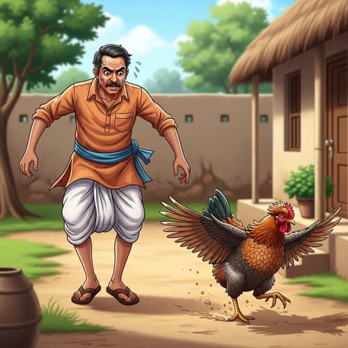 Determined South Asian Man Chasing Hen in Traditional Attire