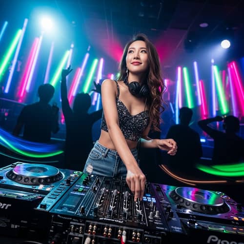 East Asian Female DJ at Nightclub | Energetic DJ Performance