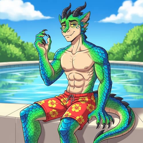 Male Dragon Demi-Human at Pool - Cartoon Character