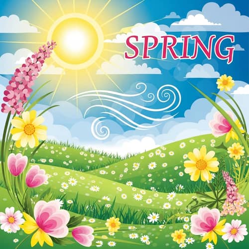 Vibrant Spring Scene with Blooming Flowers and Green Hills