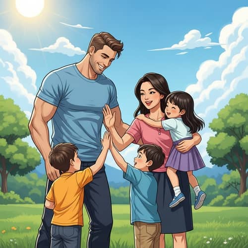 Joyful Family T-Shirt Design: Caucasian Dad and Asian Mom with Kids