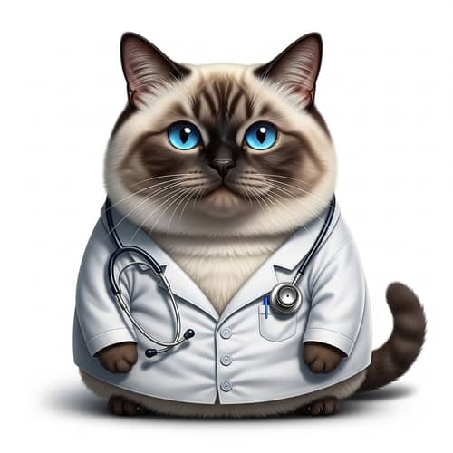 Chubby Doctor Cat: Siamese-Persian Blend with Lab Coat & Stethoscope