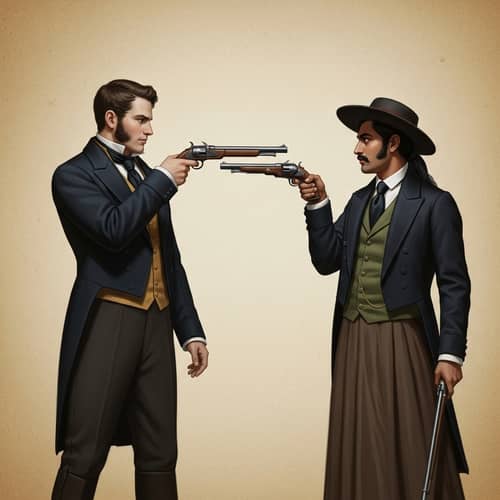 Captivating Portrayal of Elegant Gentlemen in Intense Pistol Duel