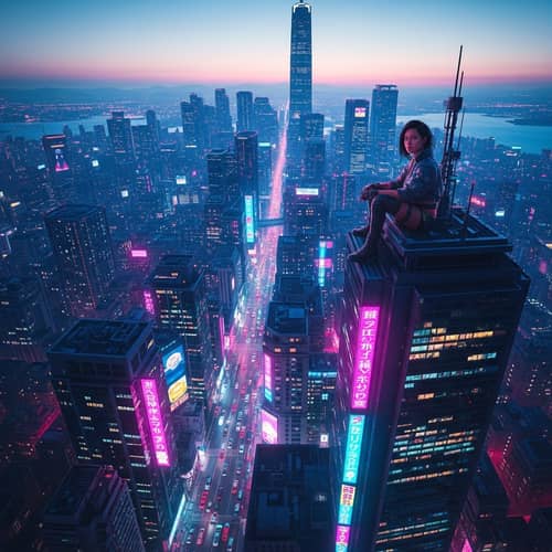 Futuristic Cityscape with Neon Lights and Cyberpunk Fashion