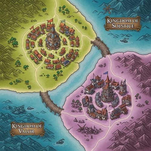 Fantasy Map Illustration of Kingdoms of Solstice & Valor