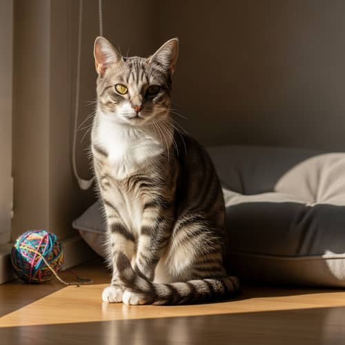 Grey and White Domestic Cat with Pricked Ears | Relaxing in Sunlight