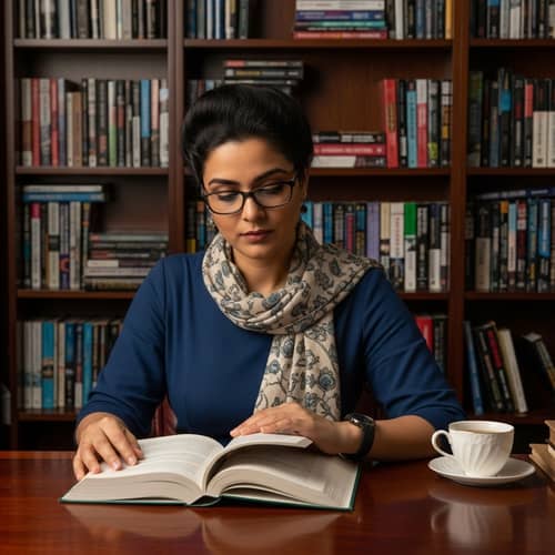 Portrait of a Smart Woman in a Study Room with Books