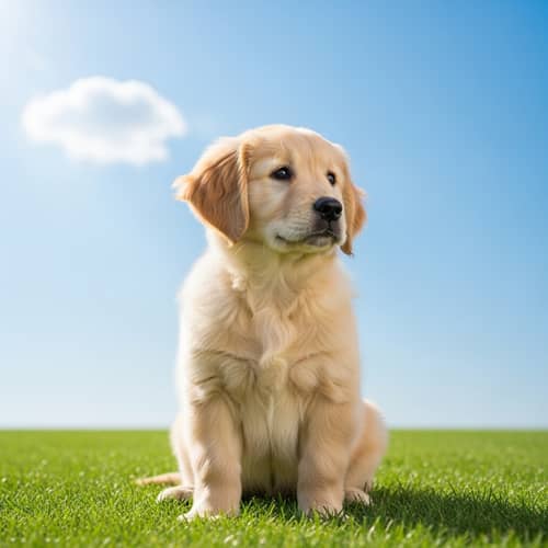 Adorable Fluffy Golden Retriever Puppy Sitting on Lush Green Lawn