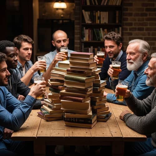 Diverse Men Enjoying Beer and Books at Table