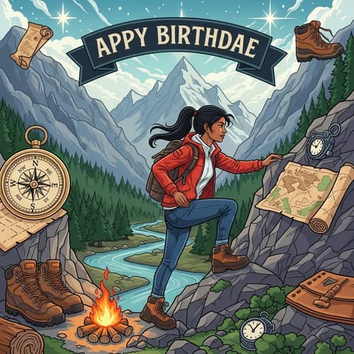 Adventure Birthday Card Image with South-Asian Woman Climbing Mountain