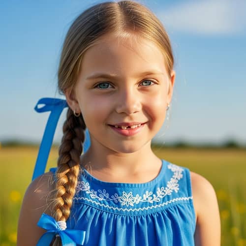 Young Russian Girl in Blue Sundress | Innocent Childhood Joy