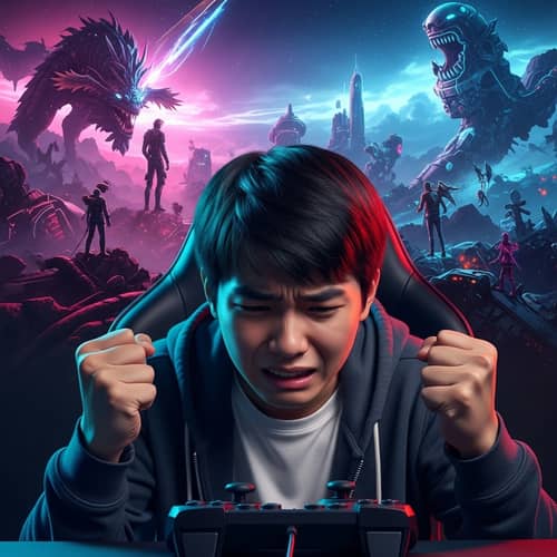 Intense Gaming Session: East Asian Teenager Despair