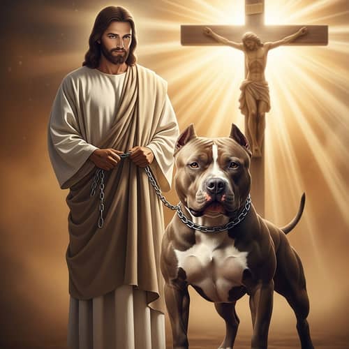 Divine Scene | Jesus-Like Man with Calm Pit Bull and Radiant Cross