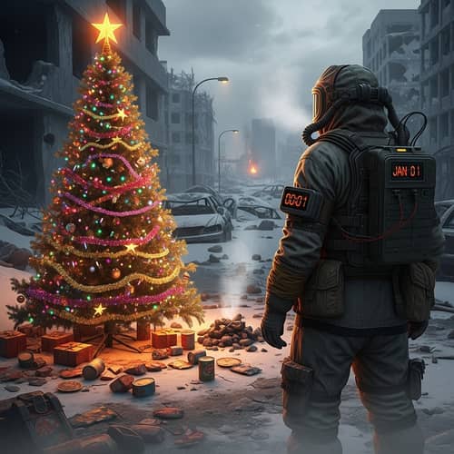 Post-Apocalyptic New Year with Stalker in Radiated Landscape