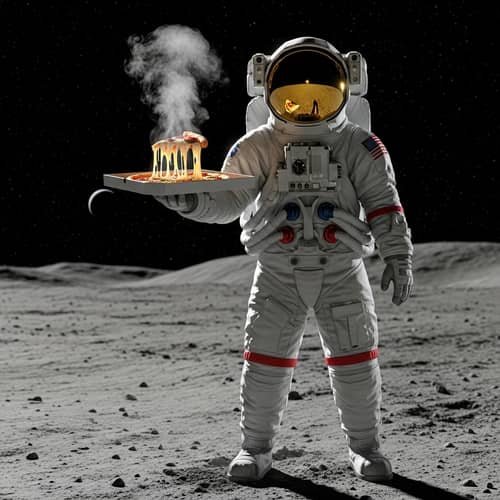 Realistic Astronaut on Moon with Hot Pizza | Lunar Landscape Scene