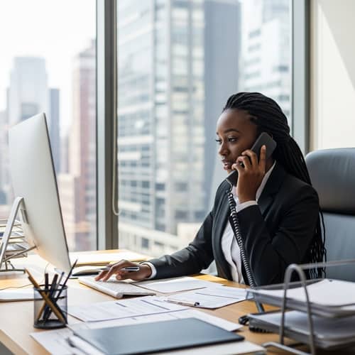 Hotel Sales Manager Exudes Confidence in Busy Office Setting