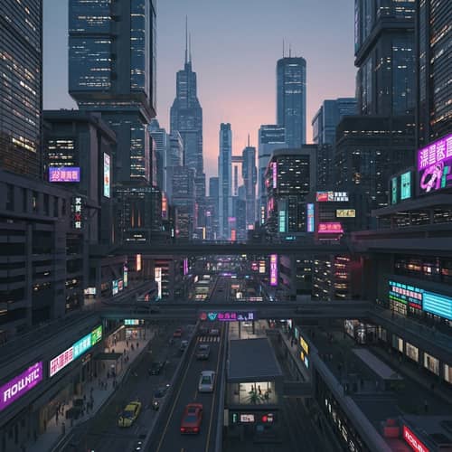Futuristic Cityscape Sunset with Neon Lights and Cyberpunk Aesthetics