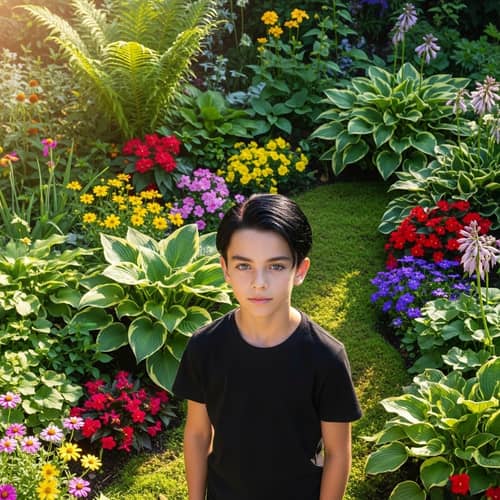 Caucasian Boy with Beautiful Black Hair in Lush Garden