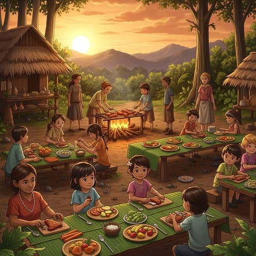 Animated Forest Village Feast Scene at Sunset