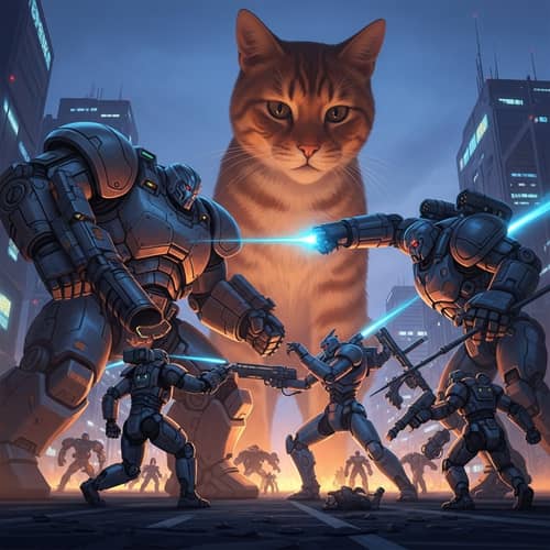 Robots vs Giant Cat: Epic Battle in Futuristic City